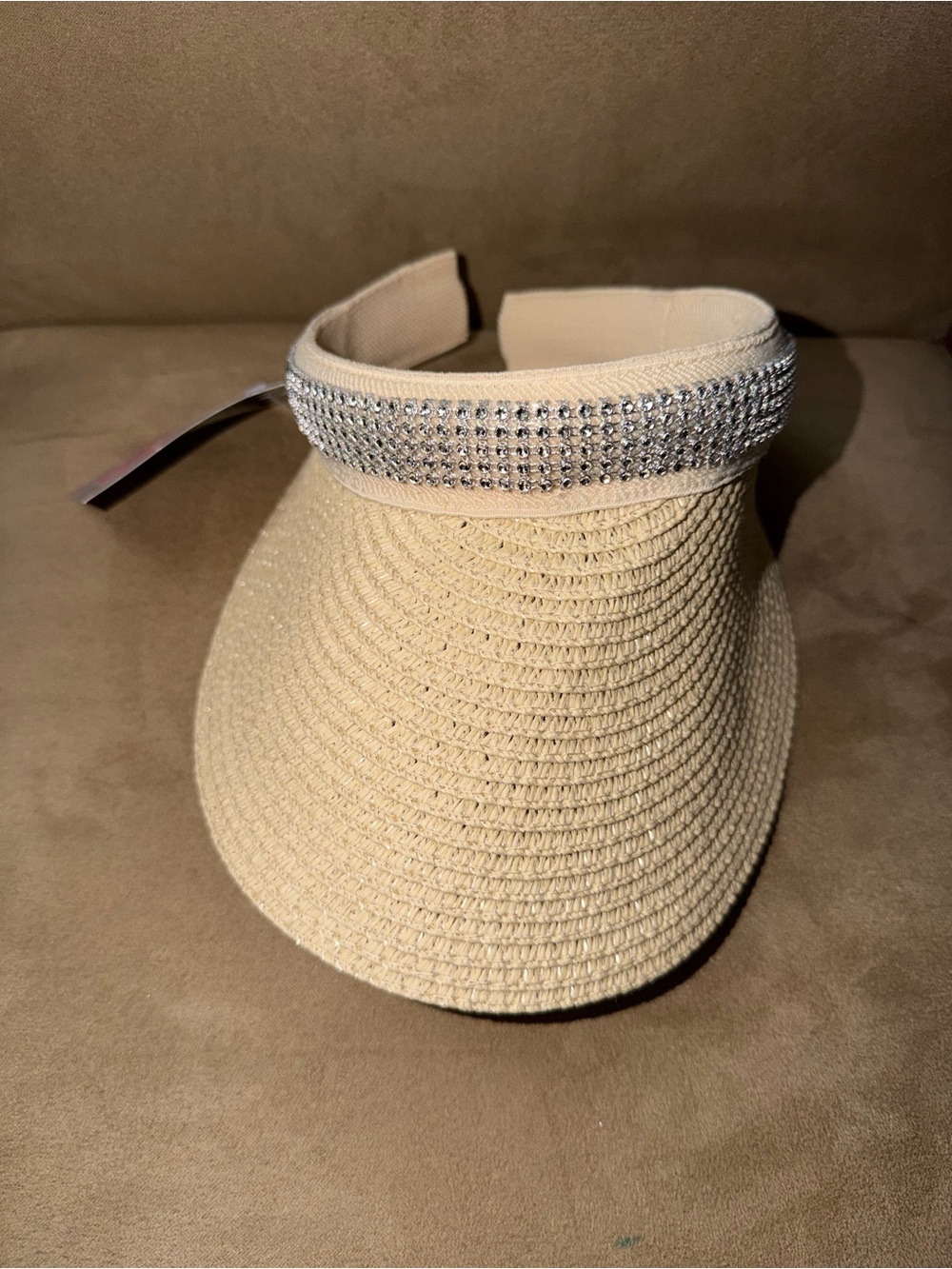 Rhinestone-Trim Beige Straw Visor - Women's Summer Sun Hat